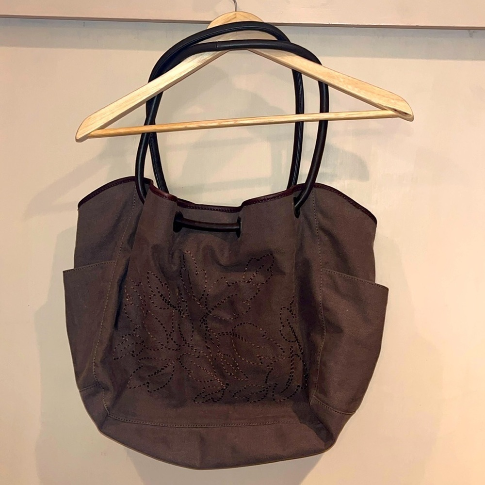 J.Jill thick canvas large tote with leather trim & handles, open side pockets OS